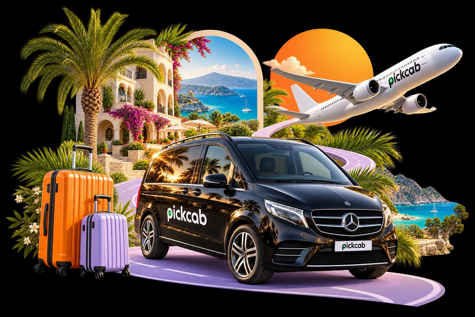 Turuncu valiz, uçak, palmiyeler ve özel transfer aracıyla renkli bir tatil illüstrasyonu